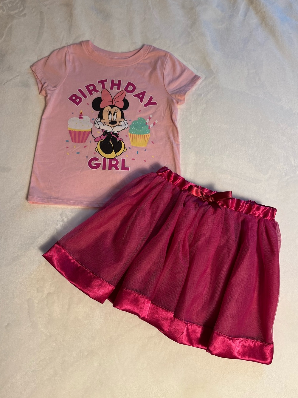 Disney Pink Minnie Mouse "Birthday Girl" Top with Fuchsia Tulle Skirt LIKE NEW